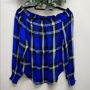 NWT Sanctuary Anthropologie Venus Electric Blue Plaid Off The Shoulder Blouse M